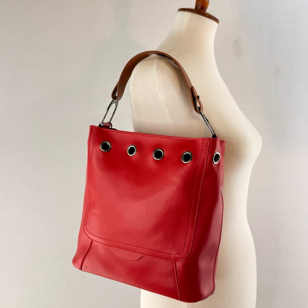 S-ZONE Red All Leather Bucket Tote Bag with Tan Handle and Metal Grommets - Picture 3 of 14